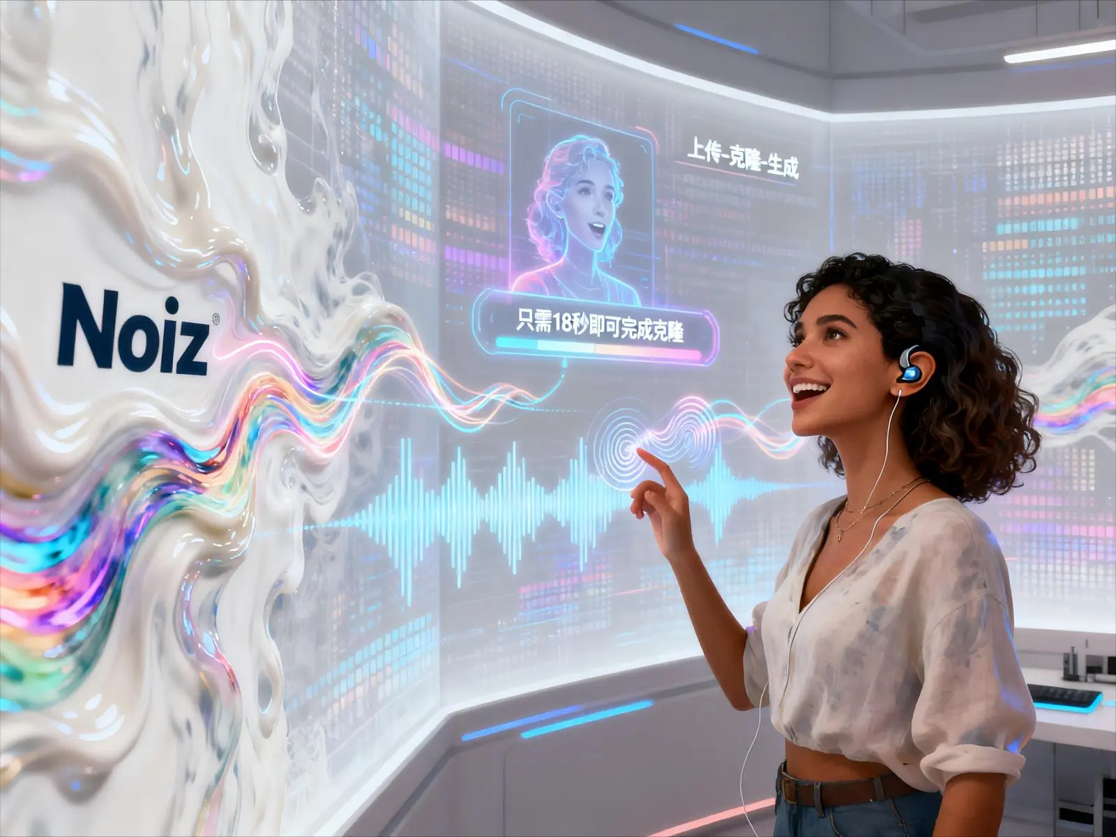 noiz AI声音克隆全流程演示图展示，18秒完成从上传到生成的高效配音体验。