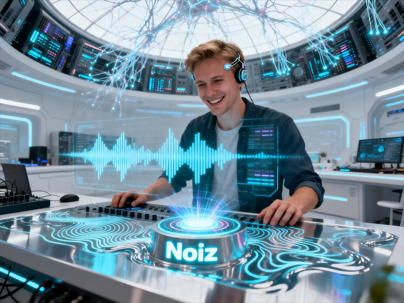 noiz用户操作克隆声音设备演示图，在科技穹顶中高效完成AI配音工作。